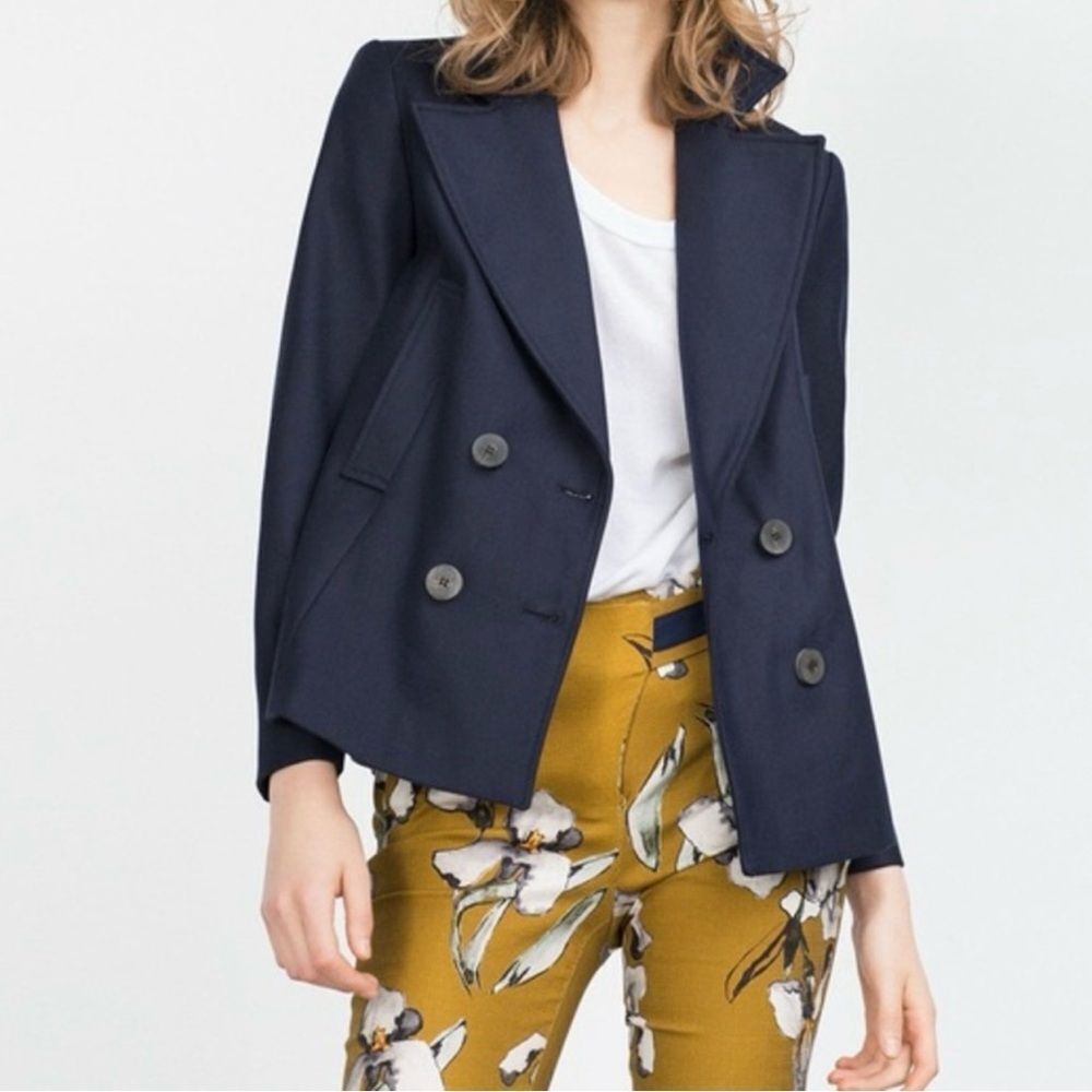 ZARA Basic Outerwear 100% Cotton Navy Double Breasted Blazer‎ -- S